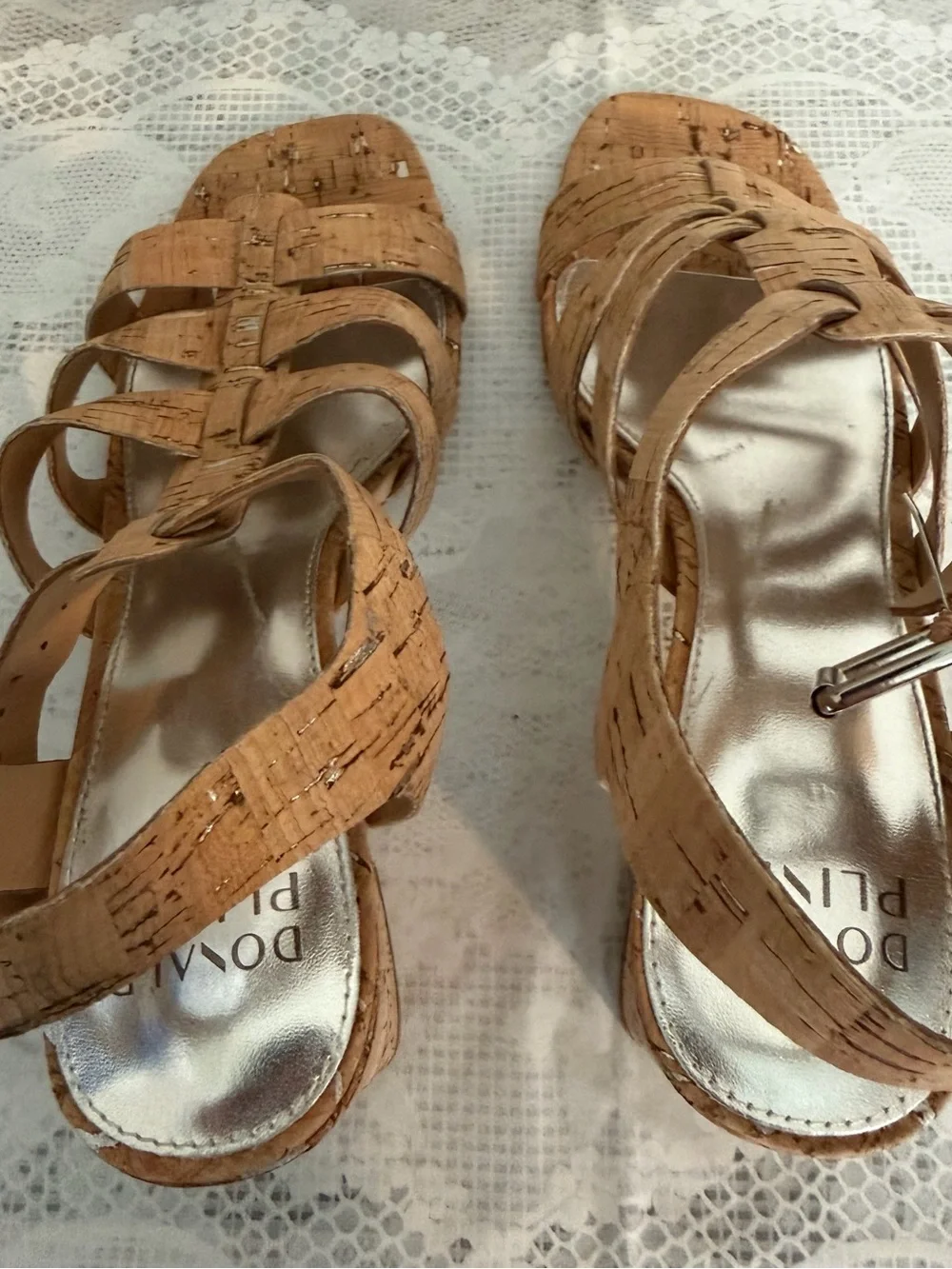 Donald Pliner Dashira Cork Silver Block Heel Sandals Size 7.5